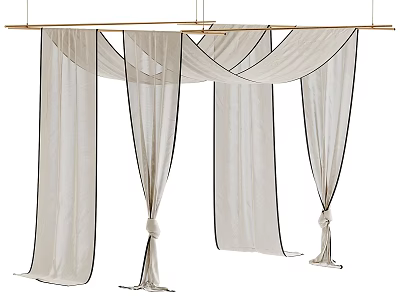 Elegant White Ceiling Drapery with Black Trim Golden Rod and Tied Ends for Interior Decor 3d model