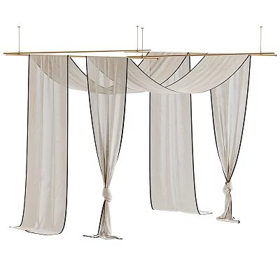 Elegant White Ceiling Drapery with Black Trim Golden Rod and Tied Ends for Interior Decor 3d model