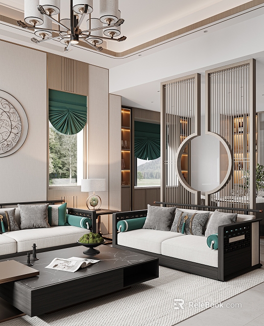 Modern Chinese Style Living Room Interior Design With Sofa Screen Decorative Mirror And Green Plants 3d model 