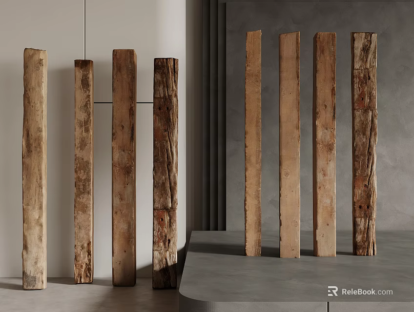 Natural Wooden Columns With Rustic Texture In Modern Interior Space Design 3d model 