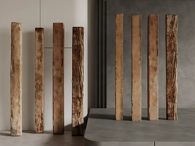 Natural Wooden Columns With Rustic Texture In Modern Interior Space Design 3d model