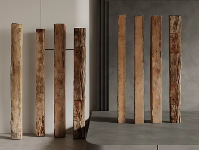 Natural Wooden Columns With Rustic Texture In Modern Interior Space Design 3d model