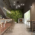 Industrial Bar Interior With Brick Wall Pendant Lights Bar Stools And Green Plant Wall