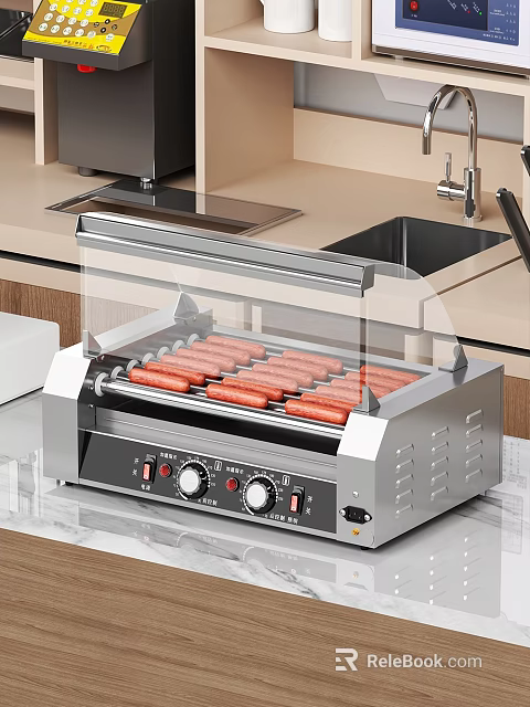 Modern Kitchen Countertop With Hot Dog Roller Machine And Sausages 3d model 