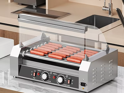 Modern Kitchen Countertop With Hot Dog Roller Machine And Sausages 3d model