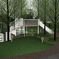 Outdoor Children's Play Area With Tall Trees Green Grass And Play Structures