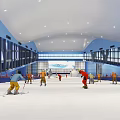 People Enjoying Skiing Fitness Activity At Indoor Ski Resort Spacious Area Blue Walls Large Windows