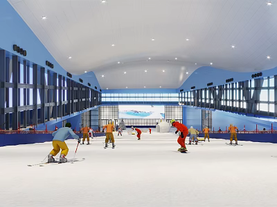 People Enjoying Skiing Fitness Activity At Indoor Ski Resort Spacious Area Blue Walls Large Windows 3d model