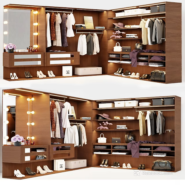 Wooden Storage Cabinets in Walk in Closet with Layered Shelves for Clothes Shoes and Bags 3d model 