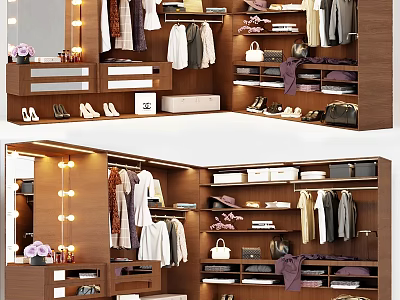 Wooden Storage Cabinets in Walk in Closet with Layered Shelves for Clothes Shoes and Bags 3d model