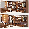 Wooden Storage Cabinets in Walk in Closet with Layered Shelves for Clothes Shoes and Bags