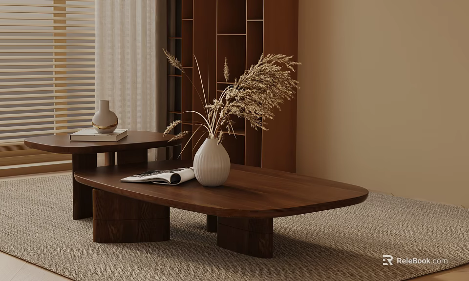 Modern Sofa And Coffee Table Set With Wooden Frame White Vase Dried Plants And Magazine 3d model 