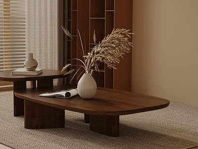 Modern Sofa And Coffee Table Set With Wooden Frame White Vase Dried Plants And Magazine 3d model