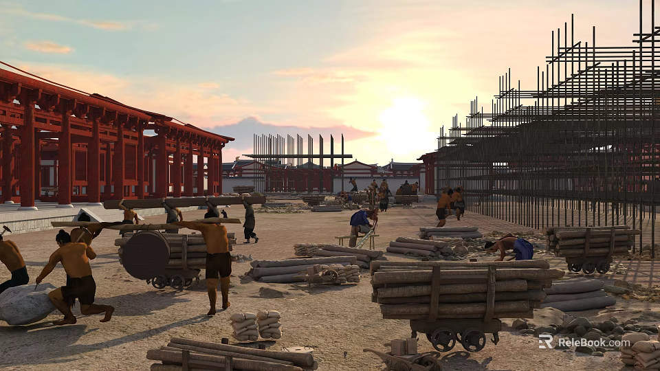 Traditional Ancient Architecture Construction Site With Workers Wood Materials Scaffolding And Sunset 3d model 