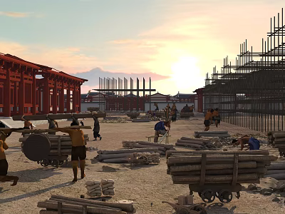 Traditional Ancient Architecture Construction Site With Workers Wood Materials Scaffolding And Sunset 3d model