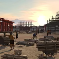 Traditional Ancient Architecture Construction Site With Workers Wood Materials Scaffolding And Sunset