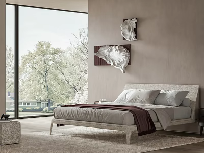Modern Style Bedroom Double Bed With Light Frame Gray Sheets Dark Blanket And Natural View 3d model