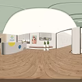 School Art Classroom with Green Ceiling Chandeliers Bookshelves Piano and Wooden Flooring