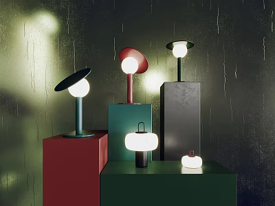 Multiple Modern Table Lamps With Colorful Cube Bases And Soft Lighting Effects 3d model