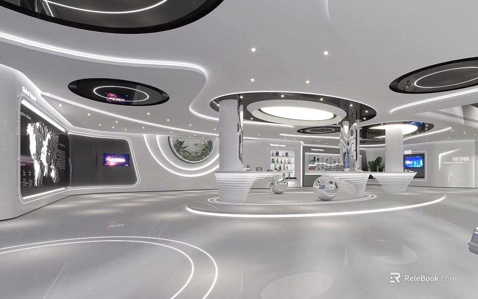 Futuristic Modern Commercial Interior Space With Curved Lines Circular Ceiling And Display Cabinets 3d model 