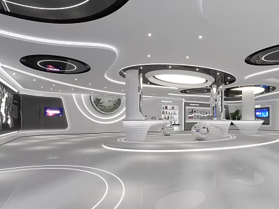 Futuristic Modern Commercial Interior Space With Curved Lines Circular Ceiling And Display Cabinets 3d model