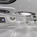 Futuristic Modern Commercial Interior Space With Curved Lines Circular Ceiling And Display Cabinets
