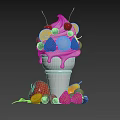 Tasty Ice Cream Cone Topped With Whipped Cream Fresh Strawberries Cherries And Mixed Fruits Around
