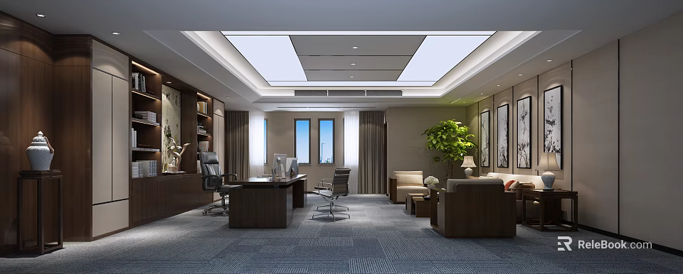 Modern Office Interior Design With Executive Desk Sofa Green Plant And Paintings 3d model 