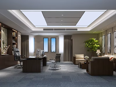 Modern Office Interior Design With Executive Desk Sofa Green Plant And Paintings 3d model