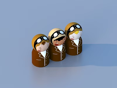 Wooden Pilot Dolls Wearing Brown Coats And Aviator Hats On Blue Surface 3d model
