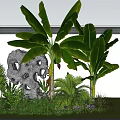 Lush Shrubs In Landscaped Garden With Banana Plants White Stone Ornament And Grass Pathway