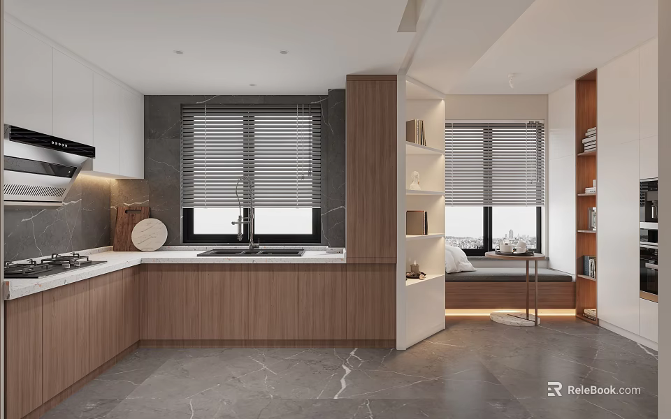 Modern Living Dining Room Interior With Wooden Cabinets Marble Countertop Window Blinds Sofa Bookshelves 3d model 