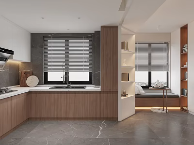 Modern Living Dining Room Interior With Wooden Cabinets Marble Countertop Window Blinds Sofa Bookshelves 3d model
