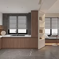 Modern Living Dining Room Interior With Wooden Cabinets Marble Countertop Window Blinds Sofa Bookshelves