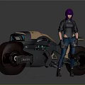 Futuristic Black And Gold Motorcycle With Purple Haired Woman Standing Beside It