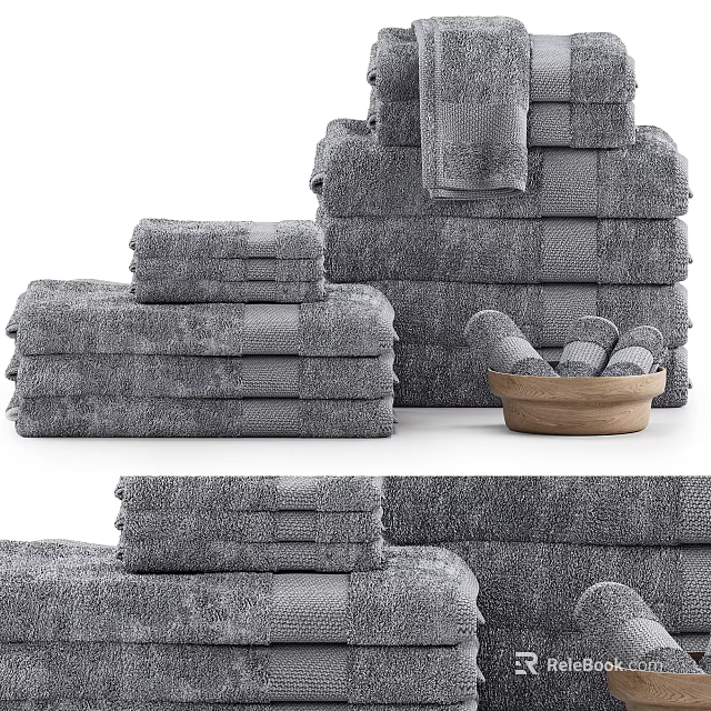 Gray Textured Cotton Towels Stacked With Hand And Bath Sizes And Wooden Bowl 3d model 