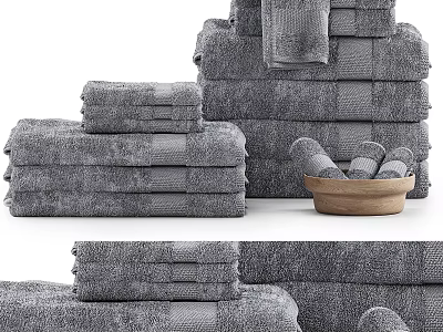 Gray Textured Cotton Towels Stacked With Hand And Bath Sizes And Wooden Bowl 3d model