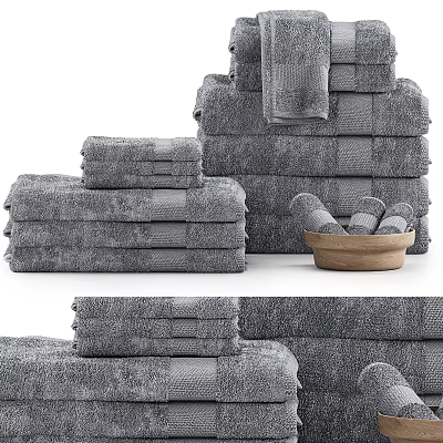 Gray Textured Cotton Towels Stacked With Hand And Bath Sizes And Wooden Bowl 3d model