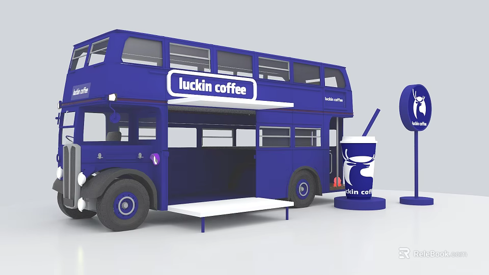 Luckin Coffee Branded Double Decker Bus With Beverage Display And Signage 3d model 