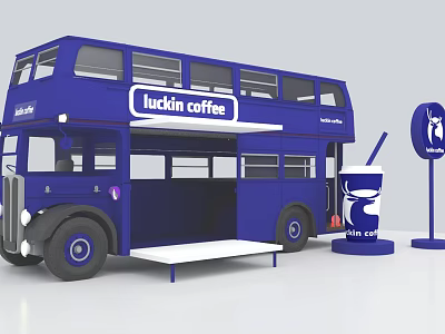 Luckin Coffee Branded Double Decker Bus With Beverage Display And Signage 3d model