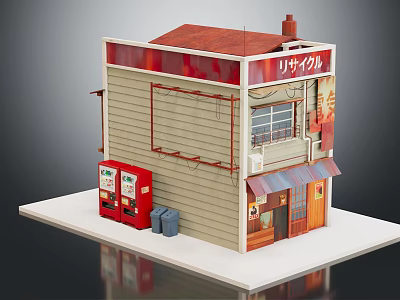 Japanese Style Shop Model With Red Roof Red Vending Machines Blue Trashcan Japanese Sign 3d model