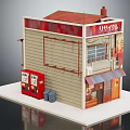 Japanese Style Shop Model With Red Roof Red Vending Machines Blue Trashcan Japanese Sign