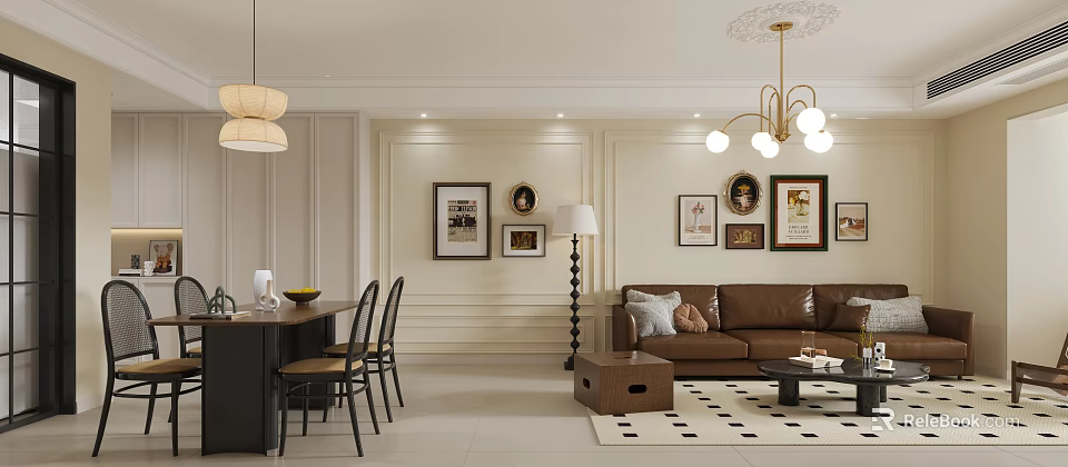 Modern Dining Living Room Interior With Brown Sofa Dining Table And Decorative Wall Art 3d model