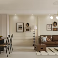Modern Dining Living Room Interior With Brown Sofa Dining Table And Decorative Wall Art 3d model