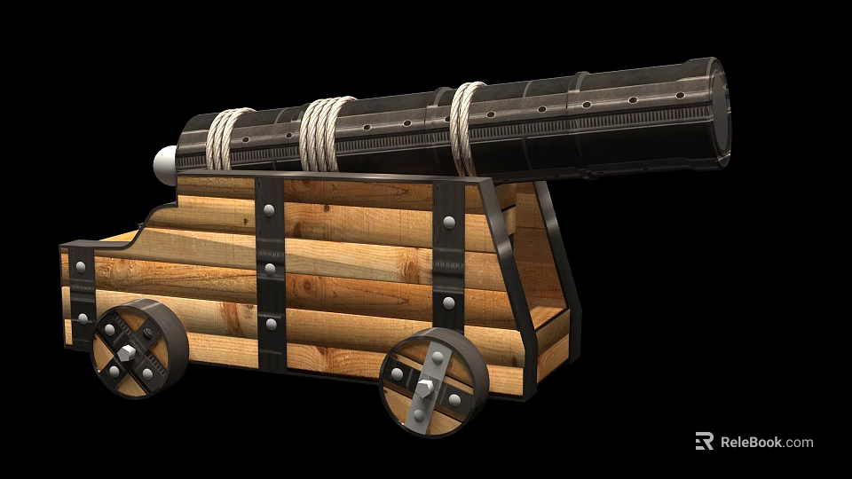 Ancient Cannon Weapon With Wooden Carriage Metal Barrel Ropes And Wheels 3d model 