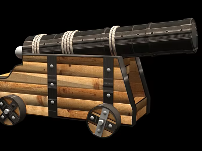 Ancient Cannon Weapon With Wooden Carriage Metal Barrel Ropes And Wheels 3d model