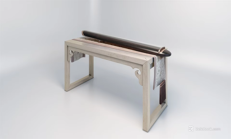 Traditional Chinese Guqin Musical Instrument On Wooden Stand With Decorative Details 3d model 