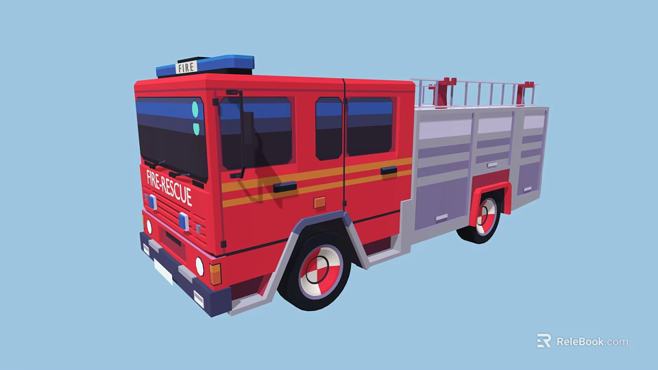 Red Fire Rescue Truck With Blue Emergency Lights Ladder And Lettering 3d model 