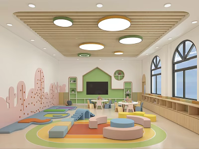 Vibrant Kindergarten Interior with Colorful Mats Round Cushions Green House Bookshelves Cartoon Decor Arched Windows 3d model