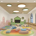 Vibrant Kindergarten Interior with Colorful Mats Round Cushions Green House Bookshelves Cartoon Decor Arched Windows